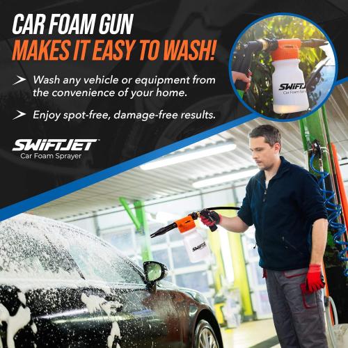 SwiftJet Car Wash Foam Gun   Microfiber Wash Mitt - Foam Cannon Works with Any Soap - Garden Hose Car Foam Sprayer - Car Wash Kit - Car Accessories Foam Blaster (Orange Foam Gun with Mitt) | No pressure washer needed, get thick soapy foam at home! Perfect for cars, rv's, boats and motorcycles