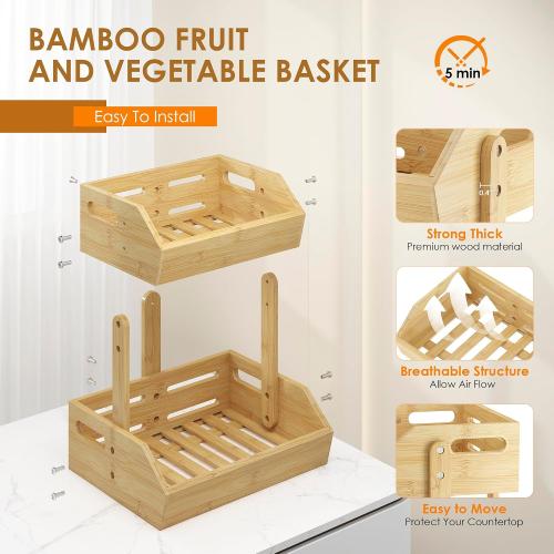2-Tier Bamboo Fruit Basket, Fruit Basket for Kitchen Fruit Holder, Fruteros Para Cocina, Fruit Bowl for Onion Potato Bread Snack and Kitchen Countertop Organizer