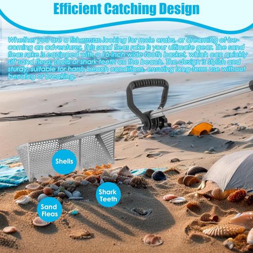 Sand Flea Rake, Detachable Sand Flea Rake, The Shark Tooth Screen Comes with A 16-Inch-Wide Drain Screen with A 51-Inch Handle(Water Bucket not Included)