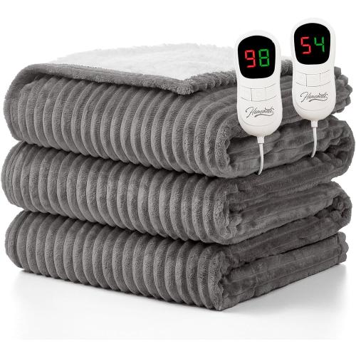 Homemate Electric Heated Blanket King Size - 100x90 Heating Blanket King Size Dual Control 1/2/4/6/8 Hours Auto-Off 10 Heat Level Over-Heat Protection Soft Flannel Sherpa ETL Certification