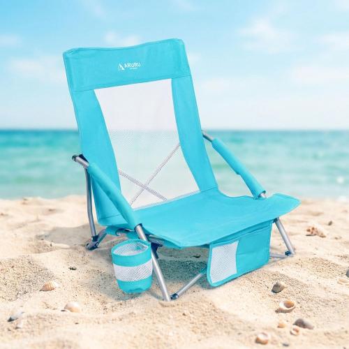 Low Folding Beach Chairs for Adults, Portable Lightweight Sling Beach Camping Chair with Cup Holder,Armrest,Foldable Camp Lawn Chair for Outdoor Sand Concert Travel Sport Events