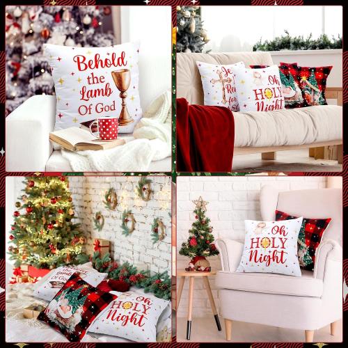 6 Pcs Christmas Pillow Covers 18x18 Inch Religious Nativity Scene Throw Pillowcase Jesus is The Reason for The Season Cushion Case Red Black Buffalo Plaid Christmas Decor for Couch Sofa Decor