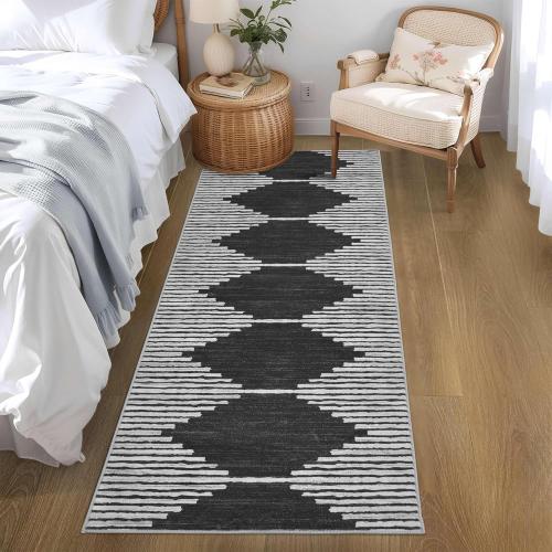 Size 2x6 Color Grey Hallway Runner Rug，2x6 Moroccan Modern Stripe Carpet Washable Machine Bathroom Runner Bohemian Design Modern Soft Non Slip Indoor Rug for Entryway Hallway Laundry Room Bedroom-Black