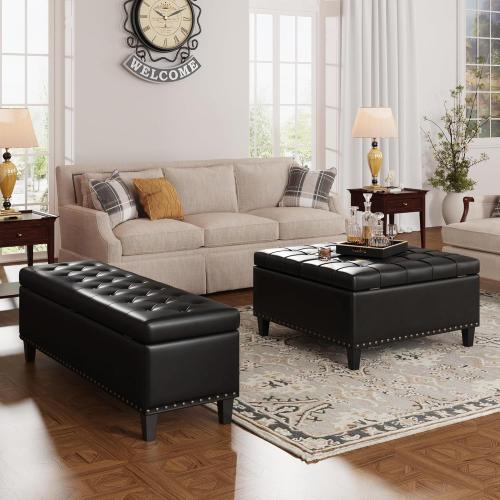 Size 51 Color Black Storage Ottoman Bench,51-Inch Large Storage Bench for Bedroom End of Bed, 30 Gallons Faux Leather Ottoman with Storage for Bedroom, Living Room, Entryway, Black