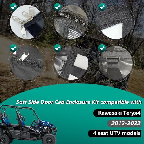 Soft Upper Door Replaceable Clear PVC Doors & Black Mesh Door,Compatible with Kawasaki Teryx4 4 Seat UTV 2012-2022,Soft Cab Enclosure Upper Doors Side Windows,Black,Nylon