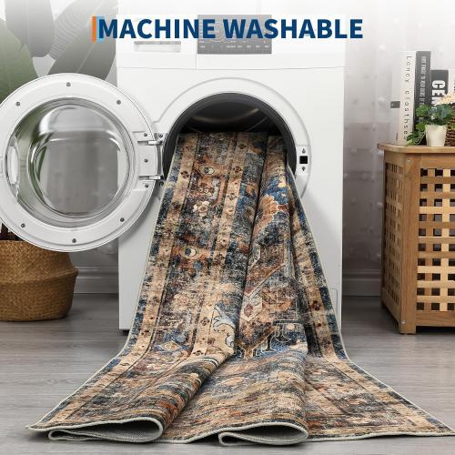 GarveeHome 10x13 Washable Vintage Living Room Area Rug: Vintage Machine Washable Area Rug for Living Room Indoor Large Non-Slip Bedroom Carpet Low Pile Stain Resistant Dining Room Carpet Blue&Brown