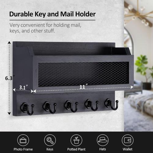 Nekon Mail and Key Holder for Wall Decorative, 11 Inch Wooden Wall Key Organizer with 5 Key Hooks, Wall Mount Storage Shelf for Entryway Hallway (Black)