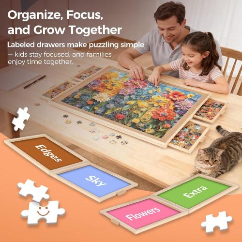 ALL4JIG 1500 Pieces Rotating Puzzle Board with 4 Drawers and Cover,25x34 Portable Wooden Jigsaw Puzzle Table for Adults,Lazy Susan Spinning Puzzle Boards Birthday Gift for mom
