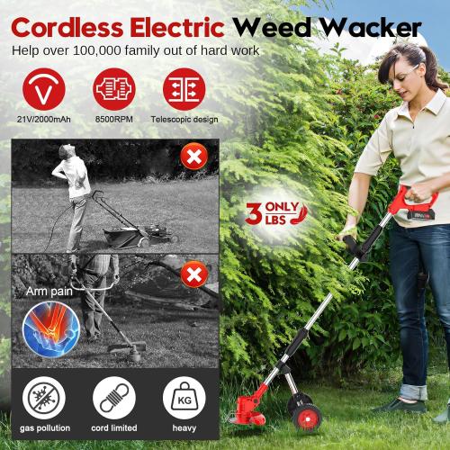 Used Electric Weed Wacker Cordless On Wheel, Lightweight Weed Eater Battery Powered 4000mAh 21V, 4 in 1 Lawn Edger Weed Trimmer Brush Cutter Mower, No String Grass Trimmer Wheel Yard Garden Tool