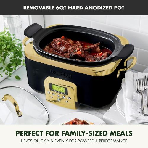 ‼️ WHITE ‼️GreenPan Elite 8-in-1 Programmable 6QT Electric Slow Cooker, Dishwasher Safe Lid & Removable Crock, PFAS-Free Healthy Ceramic Nonstick Multi-Cooker, Sear, Sauté, Brown, Steam Basket, Roast, silver