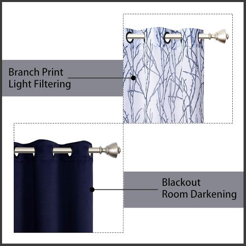 Mix and Match Curtains - 2 Pieces Branch Print Sheer Curtains and 2 Pieces Blackout Curtains for Bedroom Living Room Grommet Window Drapes,