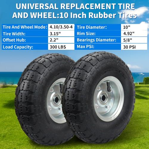 (2 Pack) RRQ 10 Inch Pneumatic Wheel 4.10/3.50-4 Tire, 10 Pneumatic Wheels with 5/8 Bearings,2.2 Offset Hub for Garden Cart, Hand Truck, Lawn Cart, Mower