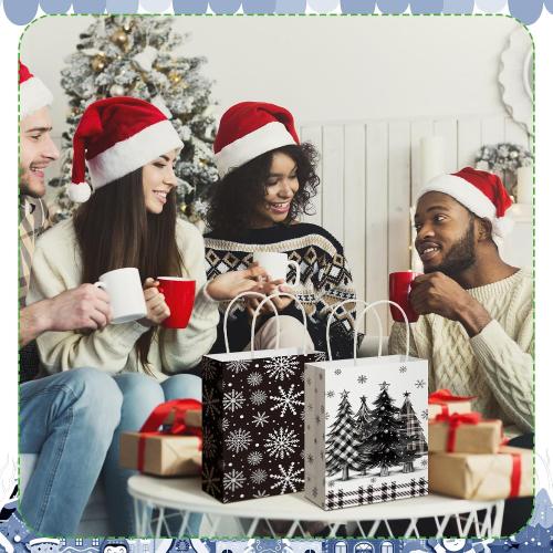 Fourluoo 30 Pack Winter Paper Gift Bags with Handles Black and White Winter Snowman Tote Bags 5.9 x 3.1 x 8.3 Inch Christmas Party Favor Snow Pine Candy Gift Handbag for Xmas Party Supplies