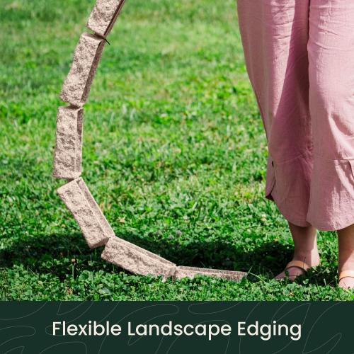 Landscape Edging | Garden Edging Border | Polyrock Bricks for Lawn edging, Flower beds, Pathways & Yard Edging– 4 Packs | Each Section Has 6 Bricks 48L x 4W x 2.25H | 12 Spikes |Cobblestone