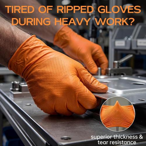 HEAVY DUTY 8 Mil Orange Nitrile Gloves, Diamond Textured Disposable Industrial Mechanic Rubber Gloves 1000PCs