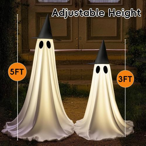 Set of 2 Halloween Decorations Outdoor, 5 FT USB Powered Ghost Decor Kit with Remote Controlled String Lights, Easy Assemble Ghosts Halloween Decorations for Front Door Porch Yard