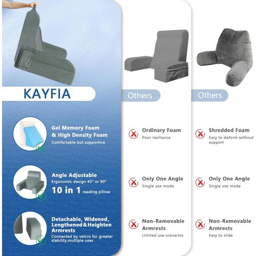 Kayfia Reading Pillow, 10 in 1 Back Pillow for Bed Sitting up with Detachable Arms Rest, Back Rest with Gel Memory Foam, Reading/Gaming/Working in Bed or Couch 19, Gray