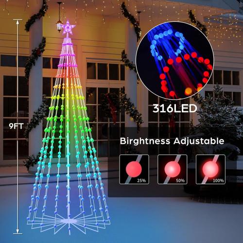 9FT Smart Christmas Tree Lights with Ball Ornaments, App & Remote Control, 316 RGB Color Changing LED Cone Tree Lights, Music Sync, Custom Light Show, Waterproof Decoration for Xmas, New Year, Parties