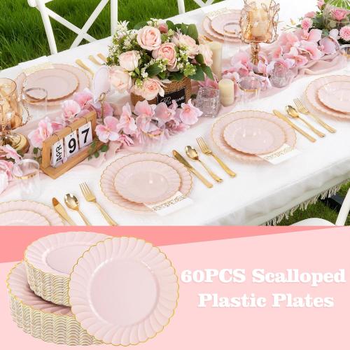 YOUBET 60PCS Pink Scalloped Plastic Plates - Hard Pink and Gold Fancy Disposable Plates include 30 Gold Dinner Plate, 30 Dessert Plate for Party & Wedding & Baby Shower Valentines Day