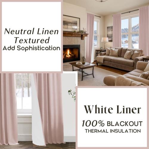 Cute Curtains for Nursery Girls Room,Kawaii Blackout Back Tab Black Out Vintage Princess Preppy Pink Linen Curtains 90 Inches Long 2 Panels Set for Teen Living Room Bedroom Dorm,Dusty Blush Pink