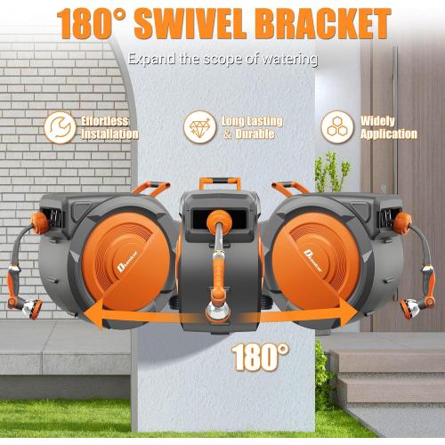1/2 x 160 ft Retractable Hose Reel, Heavy Duty Retractable Garden Hose Reel Wall Mounted with 10-Pattern Hose Nozzle/Any Length Lock/Slow Return System/180°Swivel Bracket,Orange