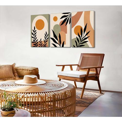 3 Pcs Mid Century Modern Boho Sun Canvas Wall Art Neutral Abstract Minimalism Bohemian Mountains Plants Pictures Wall Decor Posters Prints Artwork for Bedroom Living Room Home Decoration