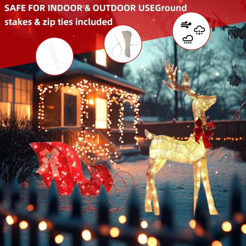 Light up Christmas Decor Deer Set, Lighted Christmas Deer Decorations & Sleigh 2 Pcs for Indoor Home Outdoor Front Yard Porch with 160 LED Lights, Ground Stakes,Cable, Gold &red Sleigh