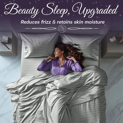 SLEEP SANCTUARY Satin Sheets King Size – 4 Piece Luxury Silky Bed Set, Softer Than Silk, 15 Deep Pocket, Cooling & Wrinkle-Free, Moisture-Wicking & Breathable for Hair & Skin (Striped Grey)