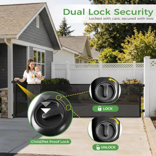 FRUITEAM 120 Wide Outdoor Waterproof Retractable Gate for Dogs & Kids – Ground Stakes, Easy One-Hand Operation, Scratch-Resistant & Tear-Proof Mesh for Indoor/Outdoor Use on Garage, Driveway – Black ‼️has mild stains ‼️