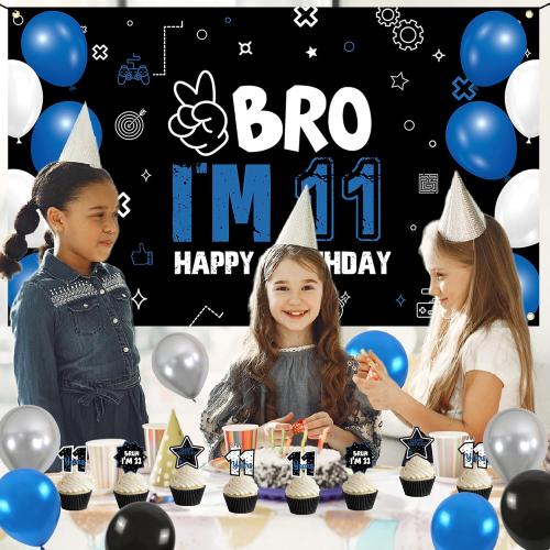 Vlipoeasn 11th Birthday Decorations Set for Boys Girls, 37PCS Black Blue 11 Year Old Birthday Backdrop Banner, Black Blue Bruh I'm 11 Party Supplies