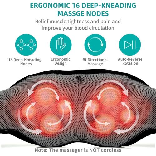 Nekteck Cordless Shiatsu Neck and Back Massager with Soothing Heat, Rechargeable Electric Deep Tissue 3D Kneading Massage Pillow for Shoulder Leg Body Muscle Pain Relief, 3 Speed Intensities
