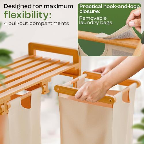 Laundry Sorter with 4 Sections beige, Hamper with Removable Cotton Bags & Wheels – Perfect Laundry Organizer - Eco-Friendly Rolling Laundry Basket – Durable Bamboo and Stylish Design
