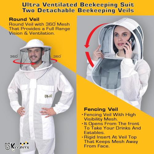 US-Keepers 3-Layer Ultra Ventilated Bee Suit for Men & Women – Premium Beekeeping Suit with Bee Gloves & Two Detachable Beekeeping Veils (White XL)