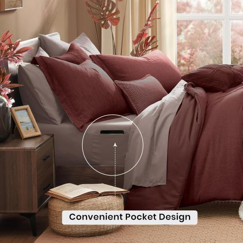 Monbix California King Comforter Set - 7 Pieces Cationic Dyeing Dark Red Bed in a Bag Cal King Bedding Sets with Comforter, Sheets, Pillowcases & Shams, Reversible Bedding Comforters Sets (108 * 92)