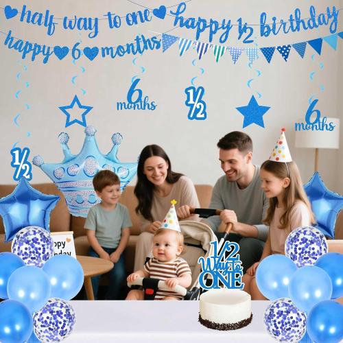 Half Birthday Decorations Banner Supplies - 28 Pcs Blue Happy 1/2 Year Birthday Banner Heart Crown Balloons Pennant Glitter Cake Topper for Baby Boy 6 Months Party Decor