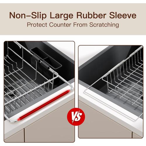 Over the Sink Expandable Dish Drainer Drying Rack In Stainless Steel for Small Kitchen, Counter Space Saving Modern Compact Metal Above Plate Dryer Strainer, Adjustable Hanging Inside Drain Holder