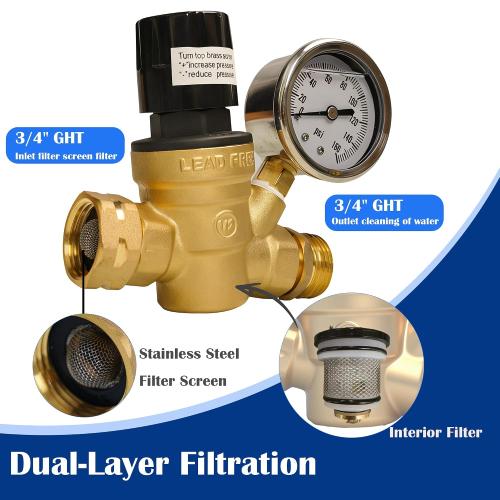 Hourleey RV Water Pressure Regulator, Adjustable Handle Brass Water Pressure Regulator, Water Pressure Reducer with Gauge and Inlet Screened Filter for RV Camper Travel Trailer