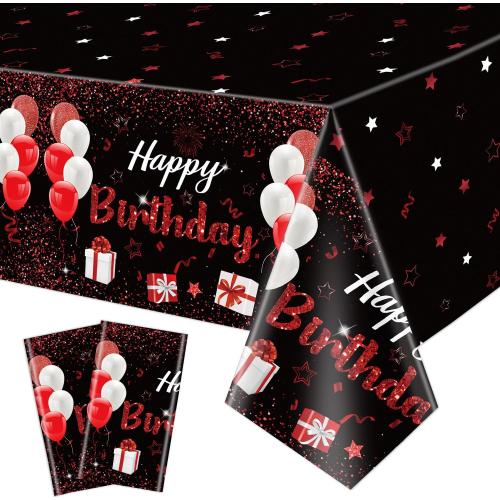 2 Pack Black Red Happy Birthday Tablecloths, 51x87'' Plastic Disposable Rectangle Birthday Party Table Covers for Women Girls Birthday Party Decorations Supplies