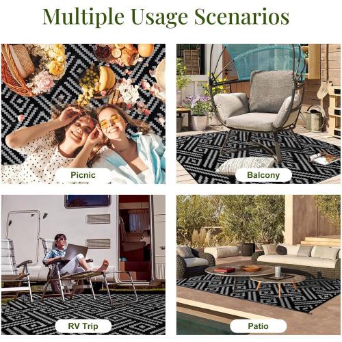 Black and Grey OPPODREAM Outdoor Rug, Waterproof Outdoor Plastic Straw Rug for Patio, Reversible Out Door Carpet for Camping, Deck, Rv, Area Carpet for Balcony, Porch, Backyard, Black and Beige