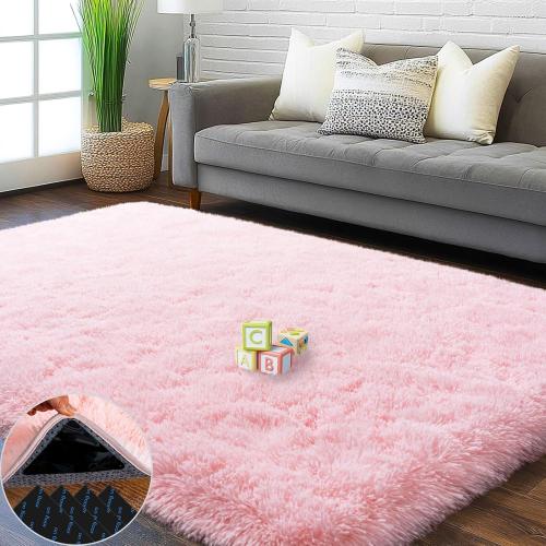 Pink Area Rug for Bedroom, 4x6 Rugs for Living Room Nursery Kids Room Dorm Home Decor Aesthetic, Fluffy Shaggy Rug with 4 Anti-Slip Carpet Tapes