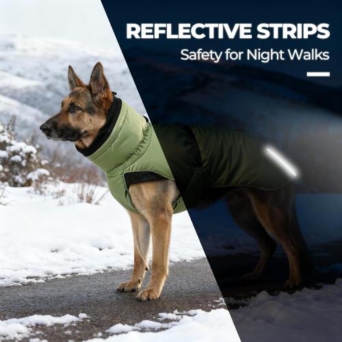 Dog Winter Puffer Coat, Water-Repellent (Green, Medium) | Breathable mesh lining with fur-safe buckle, leash hole, reflective strips and anti-slip leg straps