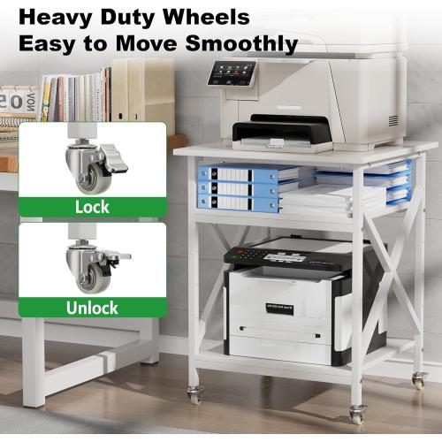 Ollieroo 3 Tier Printer Stand, Large Table with Wheels, Rolling Cart with Height Adjustable Middle Storage Shelf, 23.6 x 23.6 x 30.3 Inches Shelf for Home Office, White