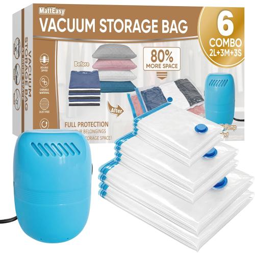 Clear 6 Pack Vacuum Storage Bags with Electric Pump, 6 Pack (2 Jumbo/2 Large/3 Medium), Space Saver Bags with Pump, Storage Vacuum Sealed Bags for Clothes, Comforters, Blankets, Bedding