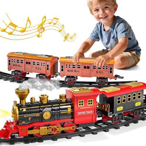 Train Set for Kids 3-5 4-7, Classic Electric Train Toys Set with Locomotive Engine, Lights & Sound Spray, Tracks for Christmas Tree, Toy Train Set for 3 4 5 6 Years Old Kids Boys Girls
