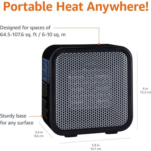 Amazon Basics Ceramic Space Heater, Mini Heater for Office Desk, Portable Tent Heater (Indoor Use), 500 W, With Tip-Over Protection, Lightweight (1.4 LBS), Black, 5.87”D x 3.15”W x 5.95”H