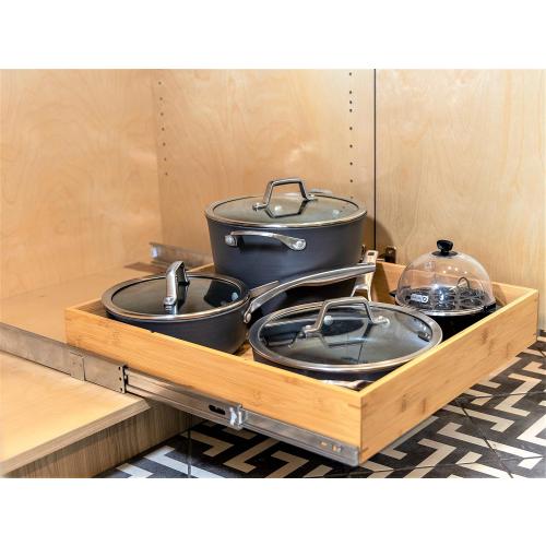 Pull Out Cabinet Drawer Organizer, Sliding Bamboo Wood Storage Rack Organization, Gliding Cupboard Shelf for Kitchen, Pantry, Slide Out Spice Rack Container Lid Organizer with Dividers, 20.5''W x