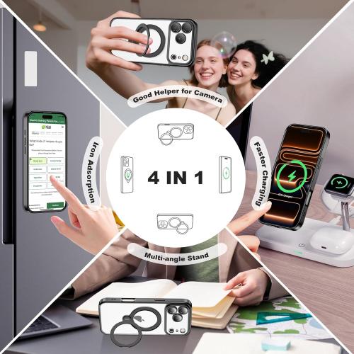 Compatible with iPhone 17 Pro Case with 360° Spin Magnetic Ring Stand [Compatible with Mag-Safe] Camera Lens Protector Plating Drop Clear Phone Case for iPhone 17 Pro 6.3, Black