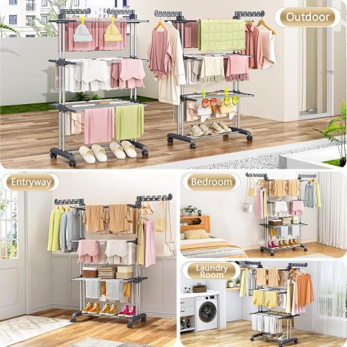Upgraded 4-Tier Clothes Drying Rack, Drying Rack Clothing with Wheels | Large Foldable Laundry Drying Rack, Clothes Rack with Side Hooks for Indoor Outdoor Air Drying, 19.68D x 29.9W x 67.7H