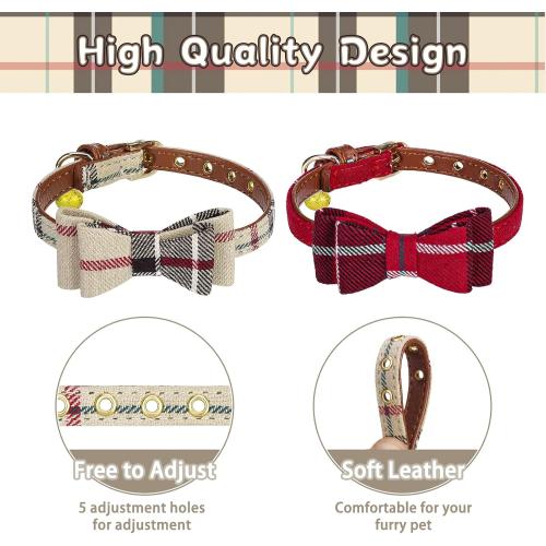 PUPTECK Puppy Collar with Bell XXS Dog Collar Charm Adjustable Bowtie Soft Leather for Cats Kittens Extra Small Dogs 2 Packs