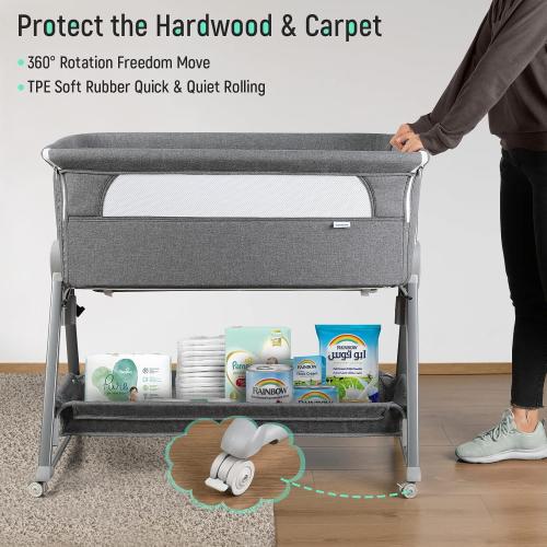 Cowiewie Bassinet Bedside Sleeper, Baby Bassinet with 7 Adjustable Height, Bedside Bassinet for Baby with Storage, Breathable Mesh & Mattress, Portable Bassinet Easy Folding (Pyramid Dark Gray)